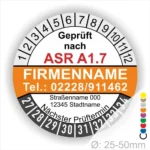 Individuelle ASR A1.7 Prüfplakette orange mit Firmenname, Telefonnummer und Adresse, Mehrjahres-Prüfaufkleber für Tore und Türen mit Monats- und Jahresring, Durchmesser 25–50 mm