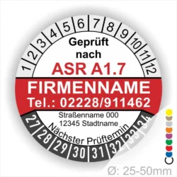 Individuelle ASR A1.7 Prüfplakette rot mit Firmenname, Telefonnummer und Adresse, Mehrjahres-Prüfaufkleber für Tore und Türen mit Monats- und Jahresring, Durchmesser 25–50 mm