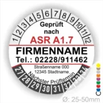 Individuelle ASR A1.7 Prüfplakette weiss mit Firmenname, Telefonnummer und Adresse, Mehrjahres-Prüfaufkleber für Tore und Türen mit Monats- und Jahresring, Durchmesser 25–50 mm