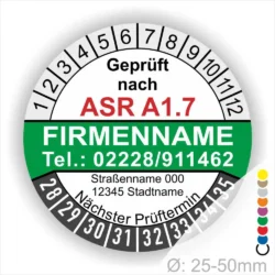 Prüfsiegel gemäß ASR A1.7 mit Firmennamen, Kontaktdaten, Adresse und nächstem Prüftermin, Durchmesser 25-50 mm.