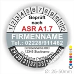 ASR A1.7 Wartungsplakette individuelle grau mit Firmenname, Telefonnummer und Adresse, Mehrjahres-Prüfaufkleber für Tore und Türen mit Monats- und Jahresring, Durchmesser 25–50 mm