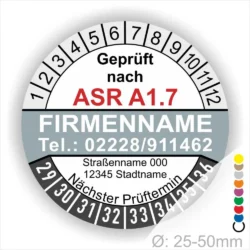 ASR A1.7 Wartungsplakette individuelle grau mit Firmenname, Telefonnummer und Adresse, Mehrjahres-Prüfaufkleber für Tore und Türen mit Monats- und Jahresring, Durchmesser 25–50 mm