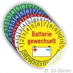 Farbcodierte Batteriewechselmarkierungen mit dem Text "Batterie gewechselt" auf gelbem Hintergrund, geeignet für Geräte mit einem Durchmesser von 20-50 mm.