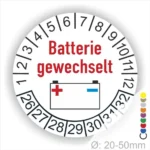Batteriewechsel-Aufkleber mit Datumsscheibe, Ø 20-50mm, zeigt den Hinweis "Batterie gewechselt" und eine Batterie-Grafik. Ideal für Wartungsprotokolle.