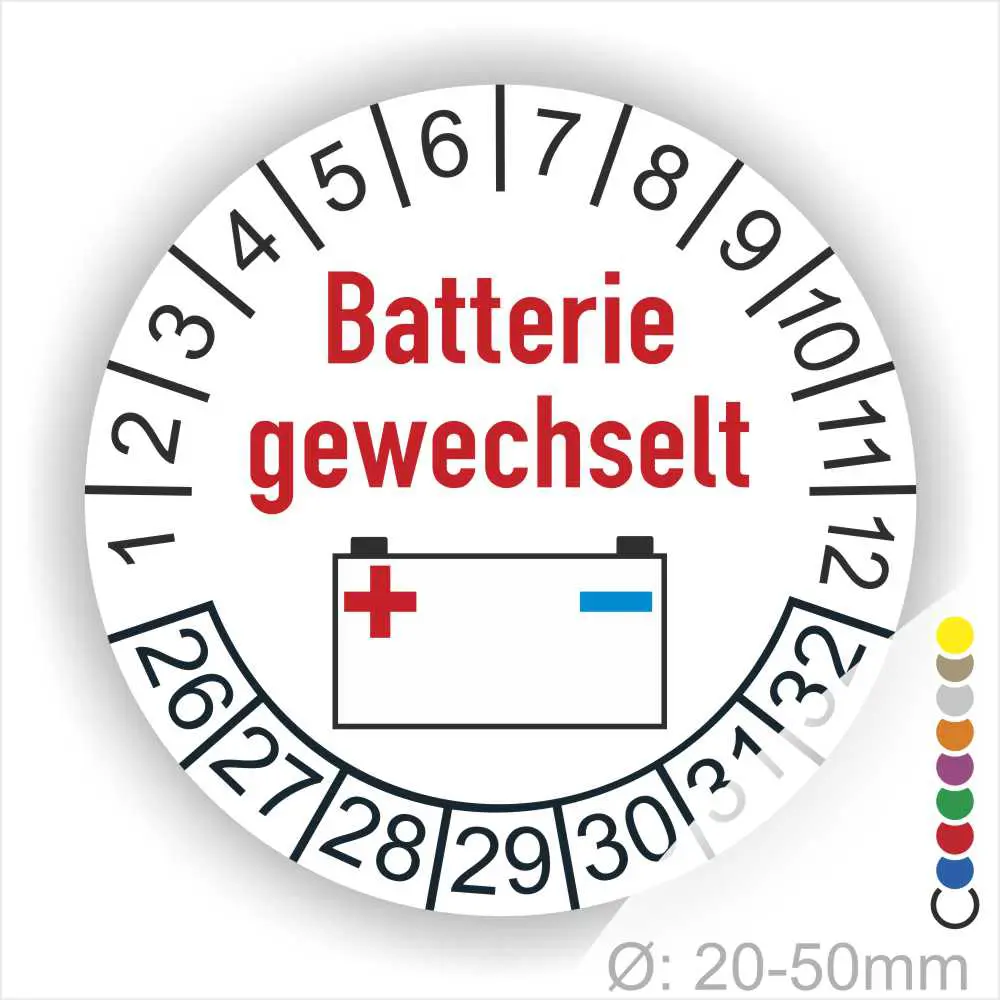 Batterie-gewechselt-Prüfung-Prüfplaketten-Prüfsiegel-Prüfetiketten-Startjahr-26-Farbe-weiss Batteriewechsel-Aufkleber mit Datumsscheibe, Ø 20-50mm, zeigt den Hinweis "Batterie gewechselt" und eine Batterie-Grafik. Ideal für Wartungsprotokolle.