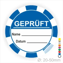 Runder blauer Prüfaufkleber mit der Aufschrift "GEPRÜFT", Platz für Name und Datum, Durchmesser 20-50 mm, geeignet für die Kennzeichnung geprüfter Produkte oder Dienstleistungen.