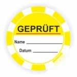 Gelbes Prüfsiegel mit dem Wort "GEPRÜFT", Platz für Name und Datum, ideal für Qualitätskontrollen oder Zertifizierungen.