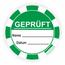 Grüner Prüfaufkleber mit der Aufschrift "GEPRÜFT", Platz für Name und Datum. Ideal für Zertifizierungen und Qualitätskontrollen.