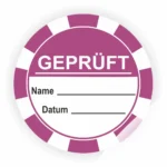 Runder Prüfaufkleber in Lila mit der Aufschrift "GEPRÜFT", Platz für Name und Datum. Ideal für die Kennzeichnung von geprüften Produkten oder Dienstleistungen.