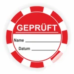 Rundes Prüfzeichen in Rot mit der Aufschrift "GEPRÜFT", Platz für Name und Datum. Ideal für Zertifizierungen und Qualitätskontrollen.