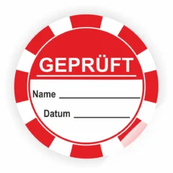 Rundes Prüfzeichen in Rot mit der Aufschrift "GEPRÜFT", Platz für Name und Datum. Ideal für Zertifizierungen und Qualitätskontrollen.