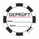 Runder Aufkleber mit dem Text "GEPRÜFT" in großen Buchstaben, Platz für Name und Datum, ideal zur Kennzeichnung von geprüften Dokumenten oder Produkten.