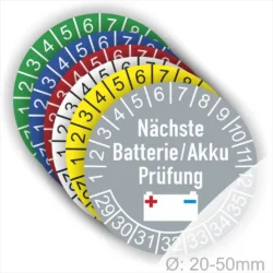 Batterieprüfscheiben in verschiedenen Farben mit der Aufschrift "Nächste Batterie/Akku Prüfung" und Nummerierung zur Kennzeichnung des Prüfdatums, geeignet für Durchmesser von 20-50 mm.