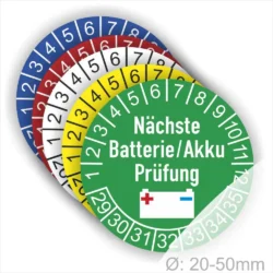 Farbcodierte Prüfplaketten für die nächste Batterie- oder Akkuprüfung, mit Zahlen von 1 bis 12 und einem Symbol für eine Batterie. Ideal für die Organisation und Überwachung von Wartungsintervallen. Durchmesser zwischen 20 und 50 mm.
