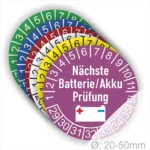 Batterieprüfaufkleber in verschiedenen Farben mit der Aufschrift "Nächste Batterie/Akku Prüfung", geeignet für Durchmesser von 20-50mm, zur einfachen Überwachung von Batterietests.