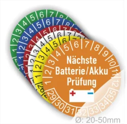 Farbenfrohe Prüfmarken für Batterien und Akkus mit dem Hinweis "Nächste Batterie/Akku Prüfung" und nummerierten Kreisen, geeignet für eine Durchmessergröße von 20-50 mm.