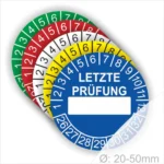 Letzte Prüfung Prüfplakette mit Beschriftungsfeld und Monats- sowie Jahresring, runde Prüfplaketten in verschiedenen Farben zur Dokumentation der letzten Prüfung, Durchmesser 20–50 mm