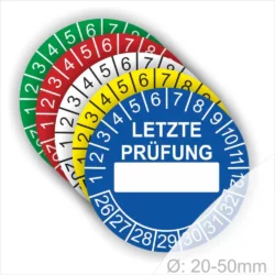 Letzte Prüfung Prüfplakette mit Beschriftungsfeld und Monats- sowie Jahresring, runde Prüfplaketten in verschiedenen Farben zur Dokumentation der letzten Prüfung, Durchmesser 20–50 mm