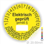 Gelbes Prüfzeichen für elektrische Sicherheit, beschriftet mit "Elektrisch geprüft gemäß §", und einem Platz für das nächste Prüfdatum. Durchmesser von 20-50 mm, ideal für die Kennzeichnung von elektrischen Geräten und Anlagen.