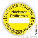 Nächster Prüftermin Prüfplakette gelb mit Beschriftungsfeld, Monats- und Jahresring 27-33 runde Prüfplakette zur Kennzeichnung des nächsten Prüftermins, Durchmesser 20–50 mm