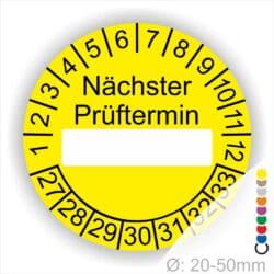 Nächster Prüftermin Prüfplakette gelb mit Beschriftungsfeld, Monats- und Jahresring 27-33 runde Prüfplakette zur Kennzeichnung des nächsten Prüftermins, Durchmesser 20–50 mm