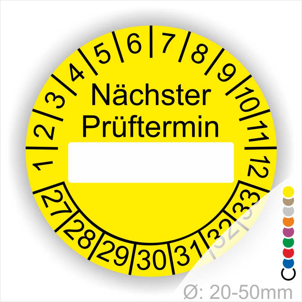 Prüfplaketten-Nächster-Prüftermin-mit-Beschriftungsfeld-Startjahr-27-Farbe-gelb Nächster Prüftermin Prüfplakette gelb mit Beschriftungsfeld, Monats- und Jahresring 27-33 runde Prüfplakette zur Kennzeichnung des nächsten Prüftermins, Durchmesser 20–50 mm