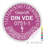 Alt-Text: Prüfplakette für elektrische Anlagen nach DIN VDE 0751-1, zeigt den nächsten Prüftermin und hat einen Durchmesser von 20-50 mm.