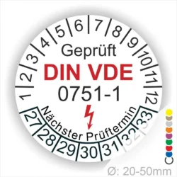 Alt-Text: Prüfplakette gemäß DIN VDE 0751-1 mit dem Hinweis auf den nächsten Prüftermin, Durchmesser von 20-50 mm, zur Kennzeichnung von elektrischen Geräten und Installationen.