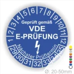 VDE E-Prüfungsaufkleber mit Prüfdatum und nächstem Prüftermin, geeignet für Geräte mit einem Durchmesser von 20-50 mm.
