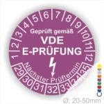 VDE E-Prüfungsaufkleber mit Prüfintervall und nächstem Prüftermin, geeignet für Geräte mit einem Durchmesser von 20-50 mm.