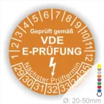 VDE E-Prüfungsaufkleber mit Prüfintervallen für elektrische Geräte, Durchmesser 20-50 mm, orangefarbener Hintergrund und weiße Schrift.