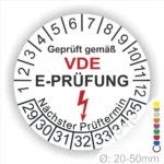 VDE E-Prüfungsaufkleber mit Prüfdatum und nächstem Prüftermin für Geräte im Durchmesser von 20-50 mm, zeigt die Einhaltung von Sicherheitsstandards.