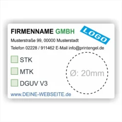 Individuelles Prüfetikett mit Firmenname, Logo, Auswahl STK MTK DGUV V3 und Platz für runde Prüfplakette Ø 20 mm zur Prüfkennzeichnung