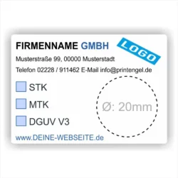 Individuelles Prüfetikett mit Firmenname, Logo, blauen Auswahlfeldern für STK MTK DGUV V3 und Platz für runde Prüfplakette Ø 20 mm