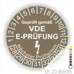 VDE E-Prüfungsaufkleber mit Prüfintervall und nächstem Prüftermin, Durchmesser 20-50 mm, zur Kennzeichnung geprüfter elektrischer Geräte.