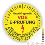 Runde gelbe VDE E-Prüfung Prüfplakette mit Jahres- und Tagesring, Blitzsymbol und Aufdruck „Geprüft gemäß VDE – Nächster Prüftermin“, Startjahr 2028, Ø 20–50 mm