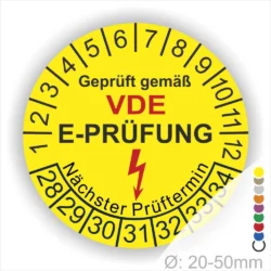Runde gelbe VDE E-Prüfung Prüfplakette mit Jahres- und Tagesring, Blitzsymbol und Aufdruck „Geprüft gemäß VDE – Nächster Prüftermin“, Startjahr 2028, Ø 20–50 mm