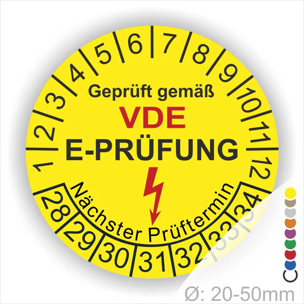 vde-e-pruefung-pruefplakette-gelb-jahresring-blitzsymbol-20-50mm Runde gelbe VDE E-Prüfung Prüfplakette mit Jahres- und Tagesring, Blitzsymbol und Aufdruck „Geprüft gemäß VDE – Nächster Prüftermin“, Startjahr 2028, Ø 20–50 mm