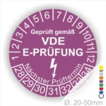 VDE E-Prüfungsaufkleber für elektrische Geräte, geprüft gemäß VDE-Richtlinien, mit Prüfziffern und dem nächsten Prüftermin. Geeignet für Geräte mit einem Durchmesser von 20-50 mm.